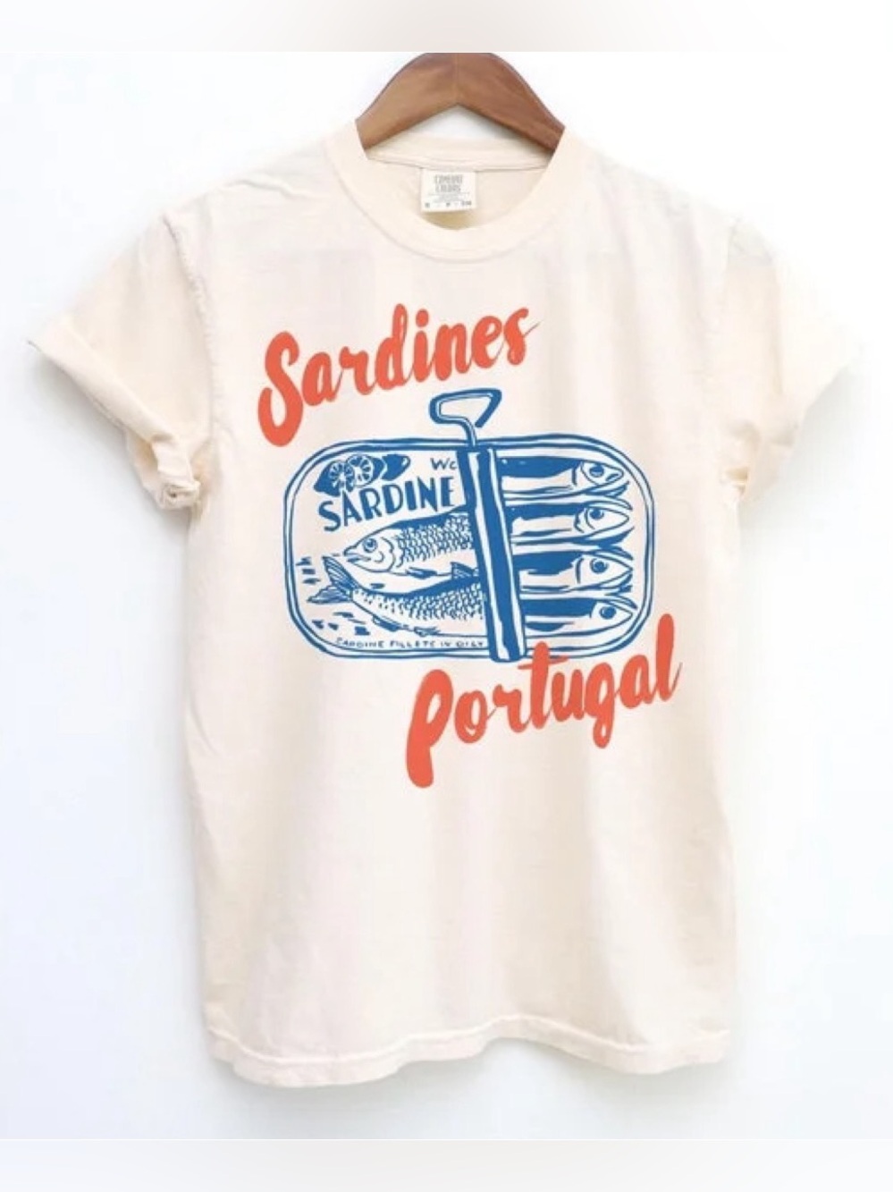 Comfort Colors t-shirt vintage-style graphic of a Sardines Portugal can